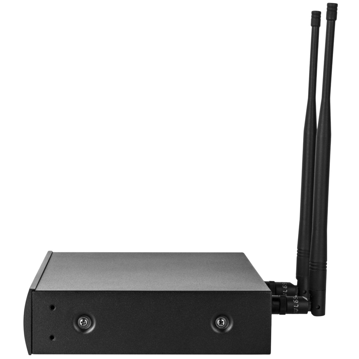 Nady 2W-1KU LT receiver side view with two antennas and a lavalier microphone