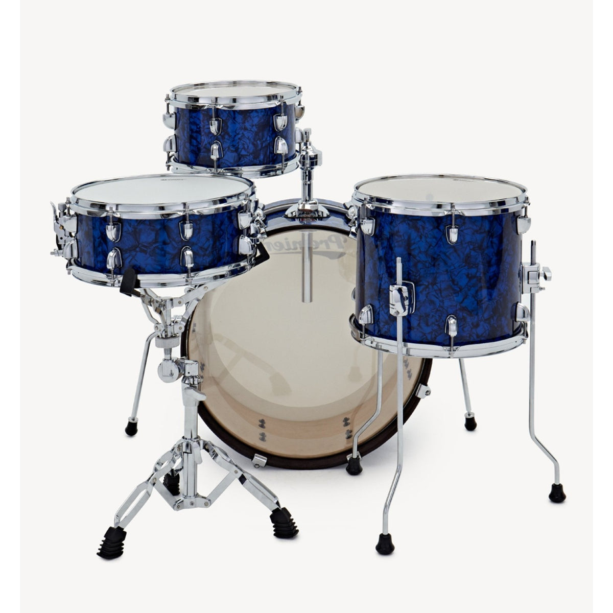 Front view of the Premier Artist Heritage 20-inch 4-piece shell pack in Blue Pearl, with toms, snare and bass drum shown on stands (stands and pedal are not included)