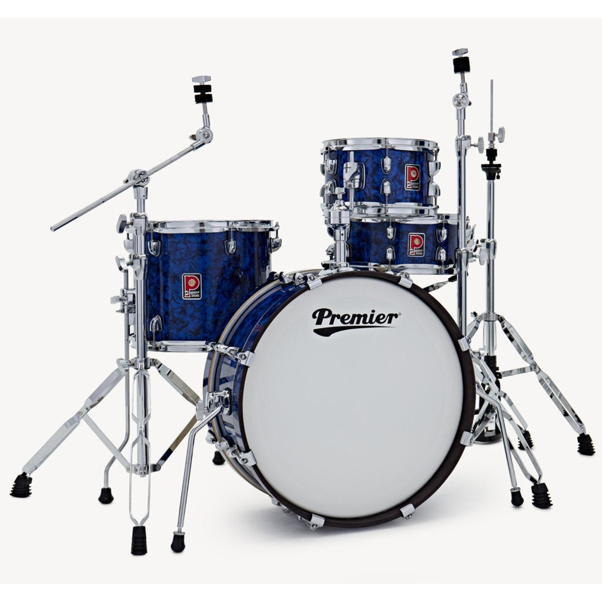 The Premier Artist Heritage 20-inch 4-piece shell pack in Blue Pearl set up with cymbal stands, hi-hat and drum hardware (hardware and cymbals not included)