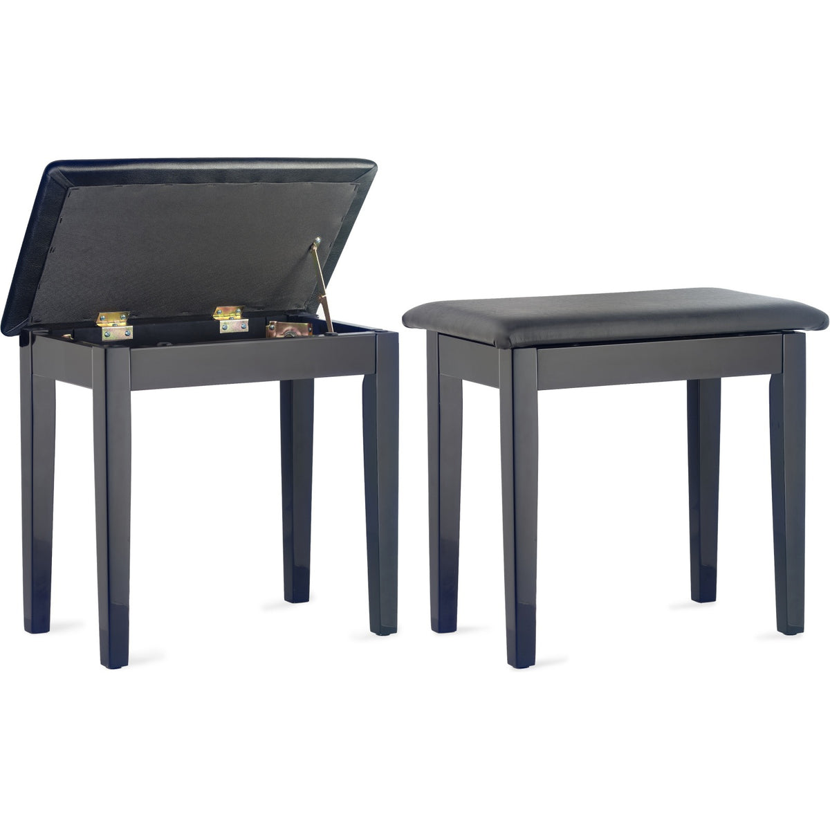 Stagg PBF23 highgloss black piano bench shown with the lid open and closed side by side