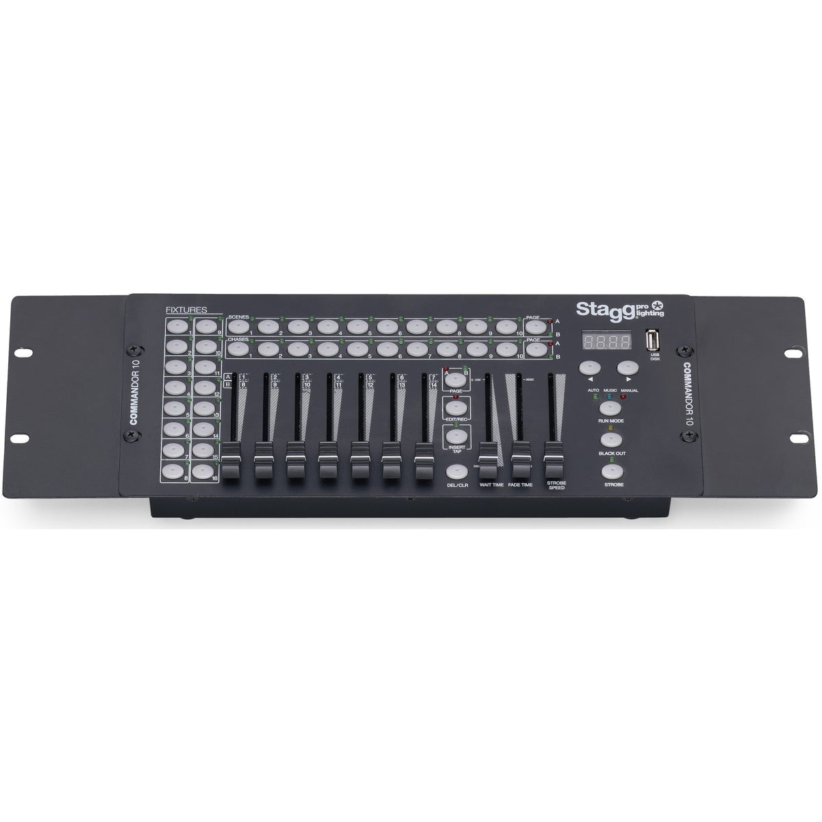 Top panel of the Stagg COMMANDOR 10-1 US DMX light controller with scene buttons, faders and display