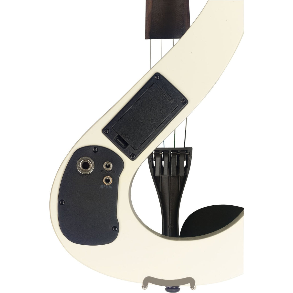 Close-up of the Stagg EVN 4/4 WH electric violin control plate with jack sockets and battery compartment, with the tailpiece and chinrest below