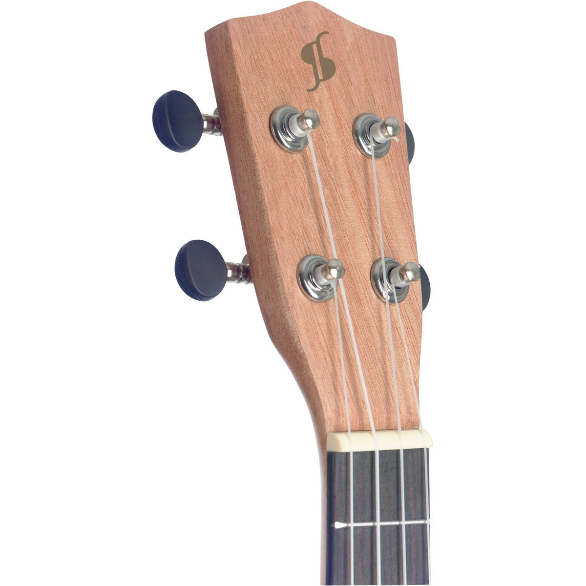 Stagg UB-30 baritone ukulele headstock, front view with metal tuning pegs