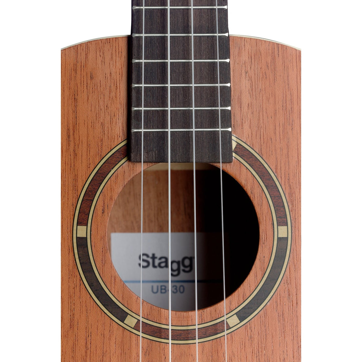 Stagg UB-30 baritone ukulele, close-up of the soundhole rosette and fretboard