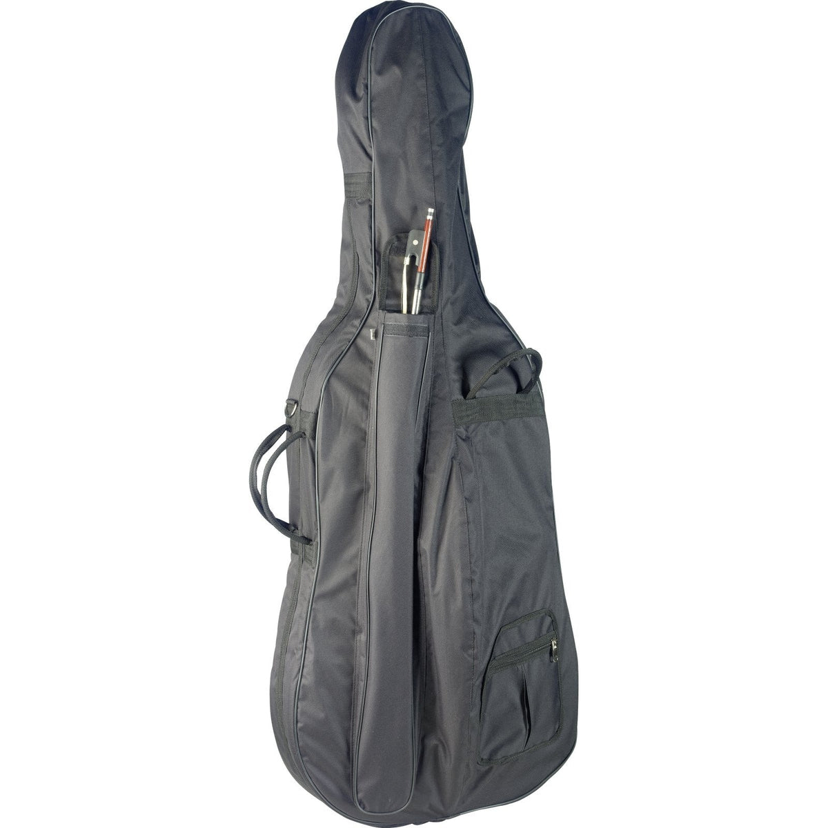 Padded black bag that comes with the Stagg VNC-3/4 L 3/4 cello, lying flat with its zip pockets