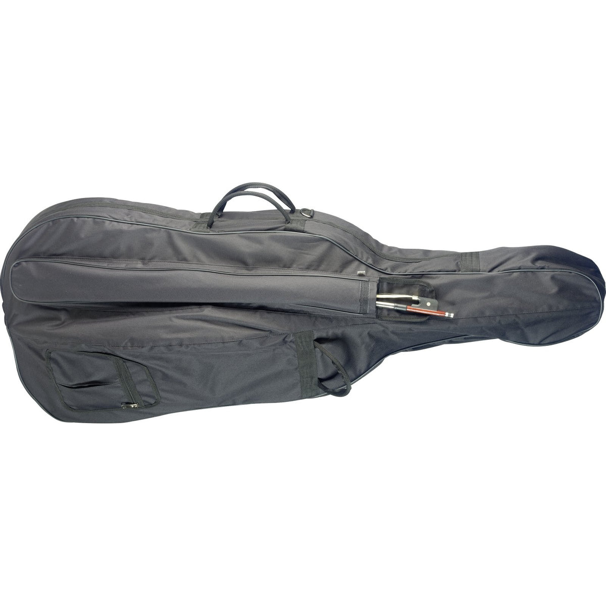 Padded black bag that comes with the Stagg VNC-3/4 L 3/4 cello, lying flat with its zip pockets