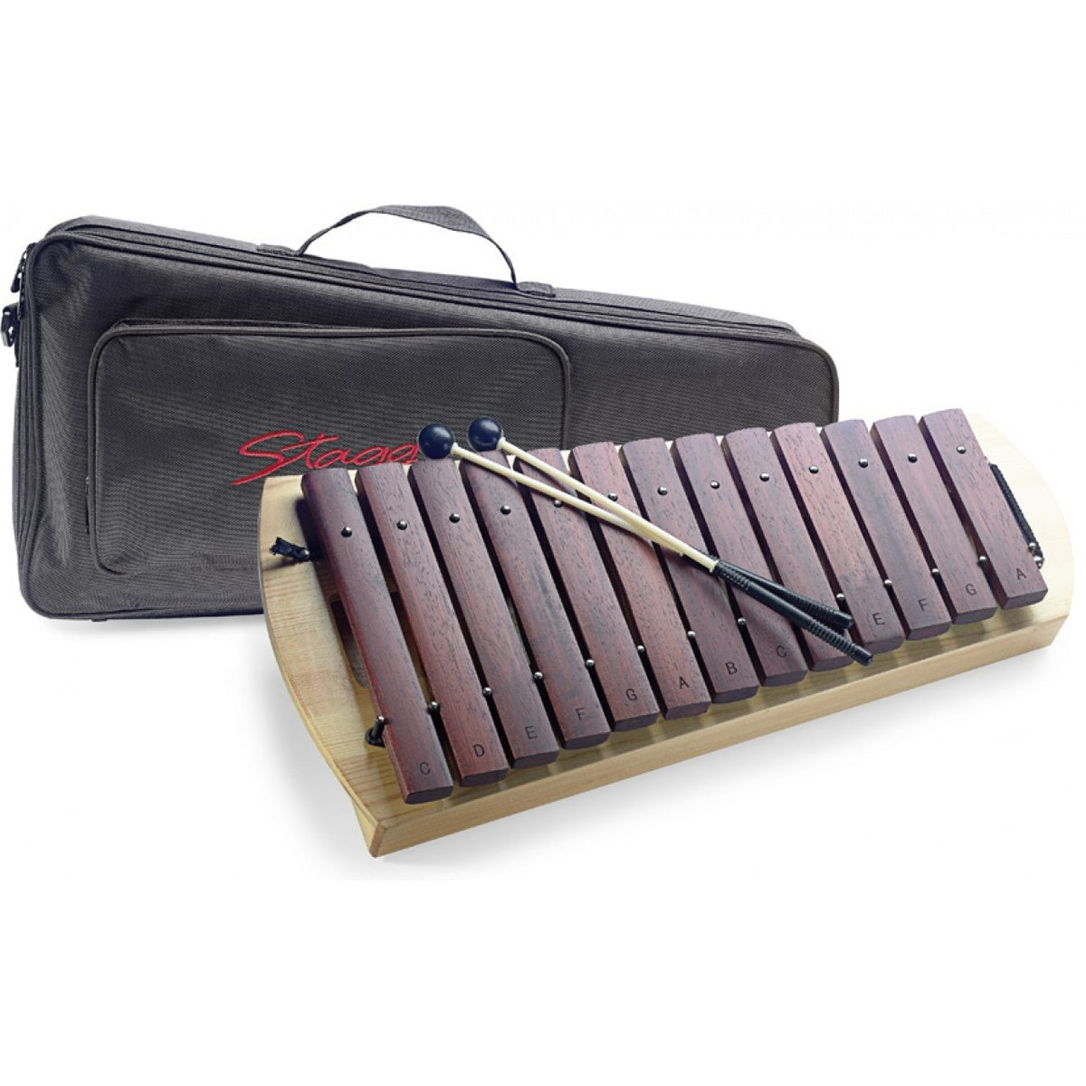 Stagg XYLO-P16 13-bar diatonic xylophone with rosewood-colored bars on a wooden resonator frame, two mallets and a black padded gigbag