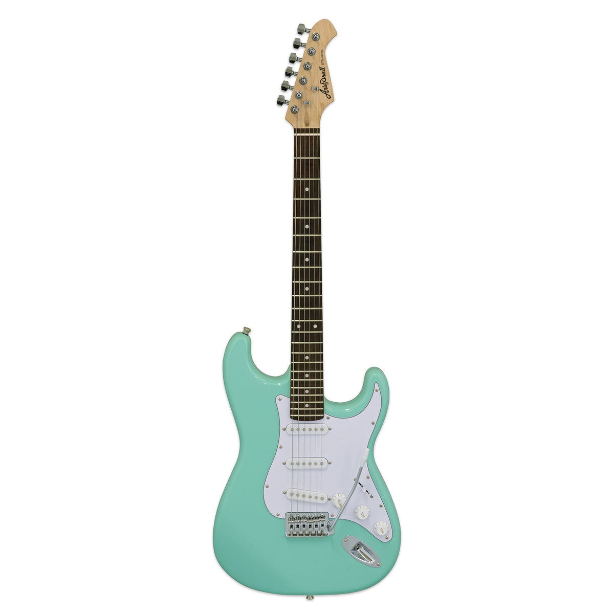Aria STG-003 electric guitar in surf green with a white pickguard, full-length front view