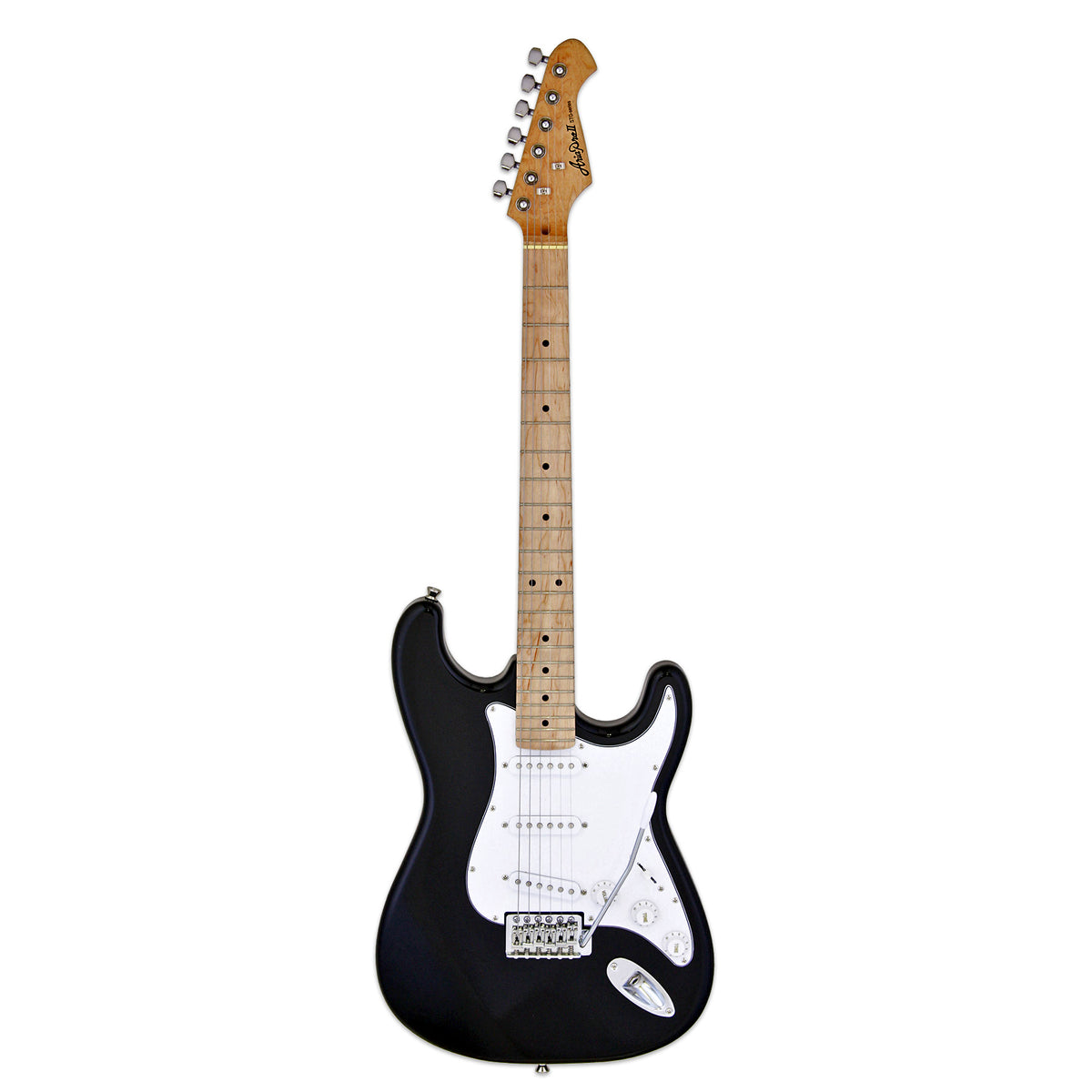 Aria STG-003 electric guitar in black with a white pickguard and maple fingerboard, full-length front view
