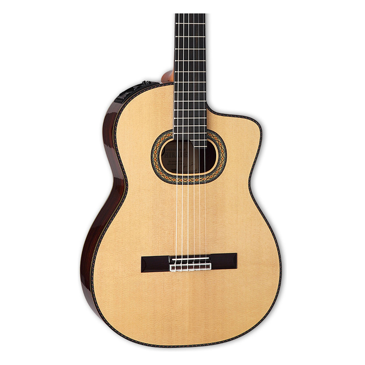 Front of the Takamine DH90 body in a gloss natural finish: solid spruce top, cutaway, soundhole rosette and the lower fretboard.