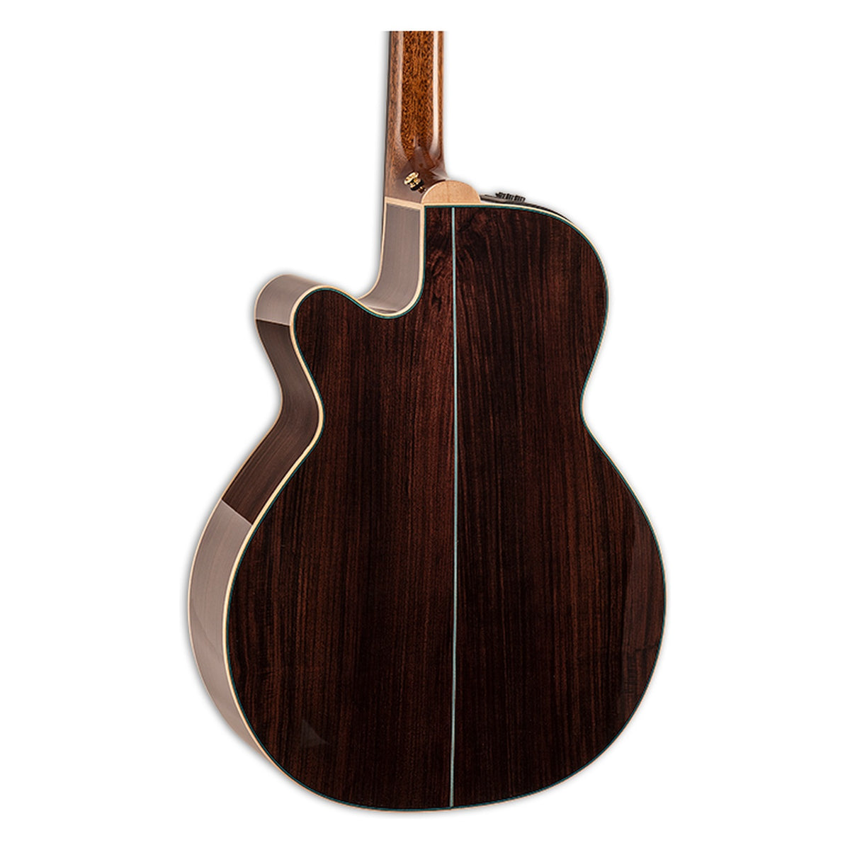 Back of the Takamine DSF48C body showing the solid rosewood back and the heel of the mahogany neck.