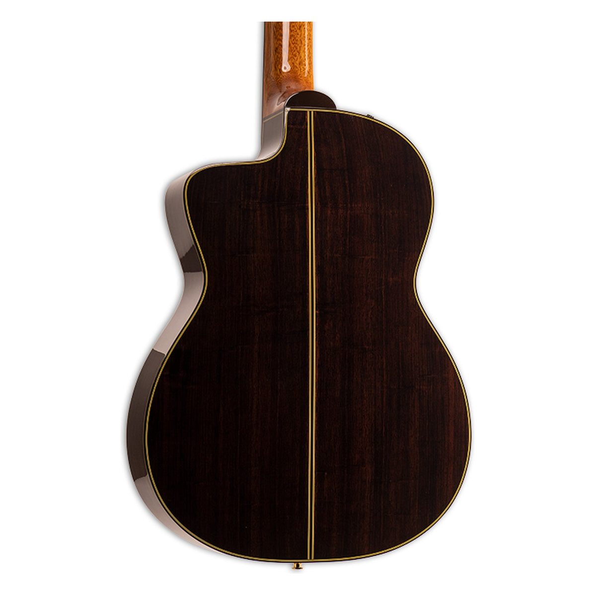Back of the Takamine EC132SC body showing the solid rosewood back and the heel of the mahogany neck.