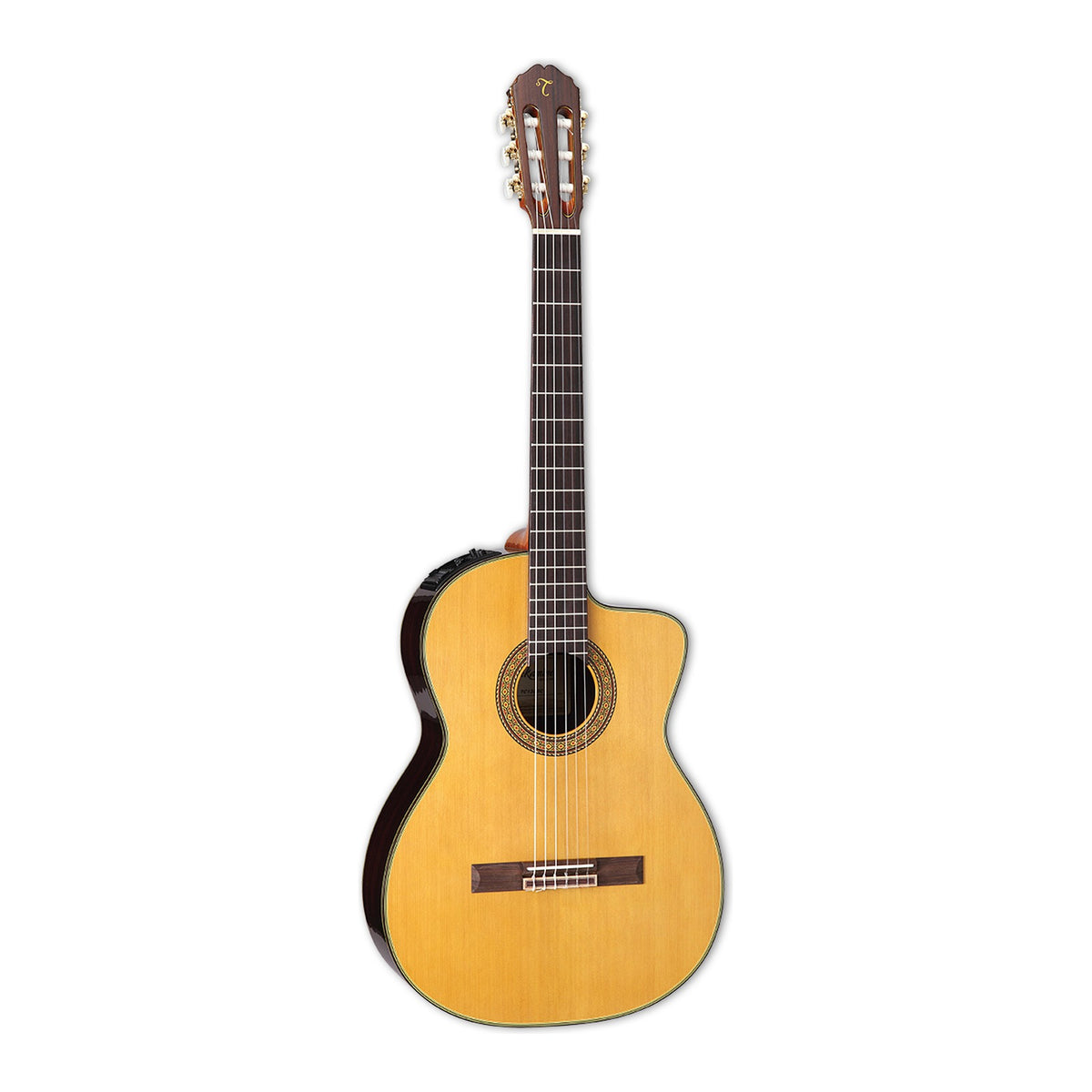 Full front view of the Takamine EC132SC classical cutaway guitar standing upright with the headstock at the top.