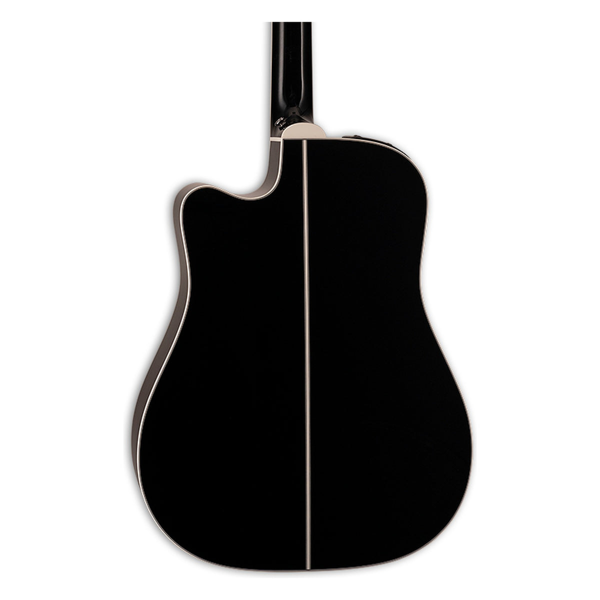 Back of the Takamine EF341DX body showing the maple back and the heel of the mahogany neck.