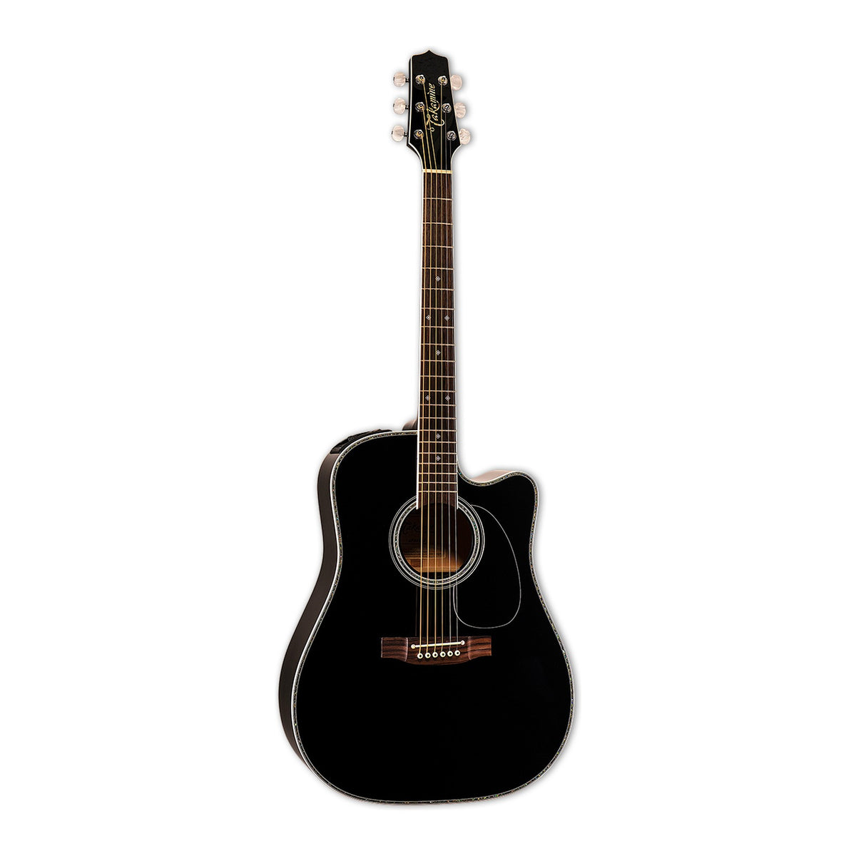 Full front view of the Takamine EF341DX dreadnought cutaway guitar standing upright with the headstock at the top.