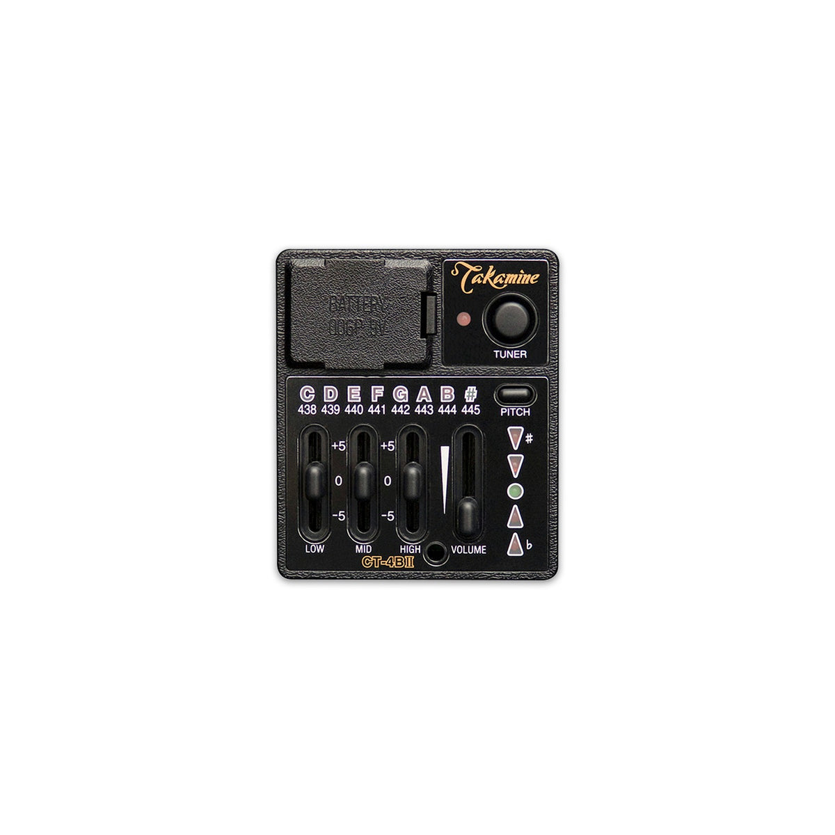 Takamine CT4B II preamp panel with a tuner display and EQ and volume sliders.