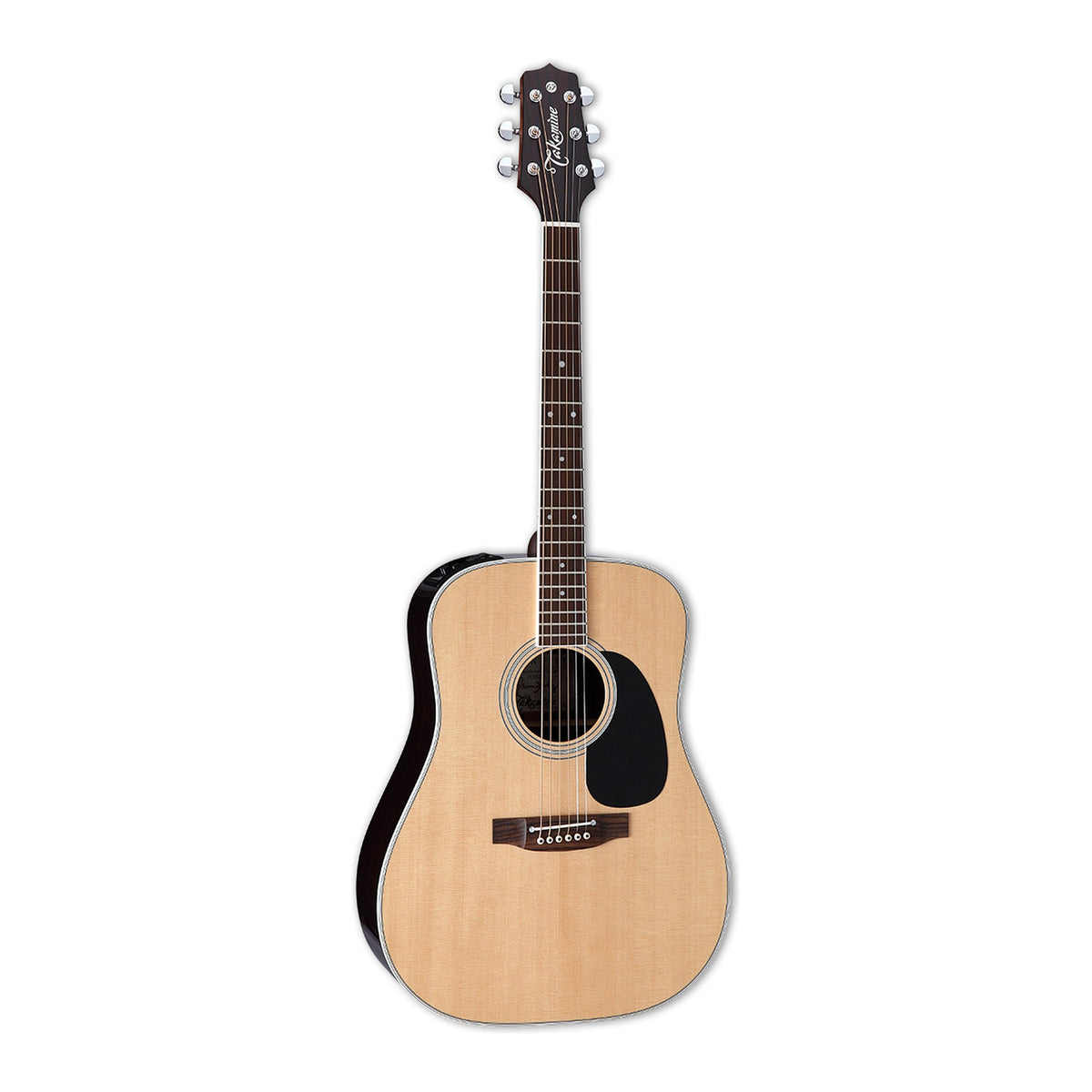 Full front view of the Takamine EF360GF dreadnought guitar standing upright with the headstock at the top.