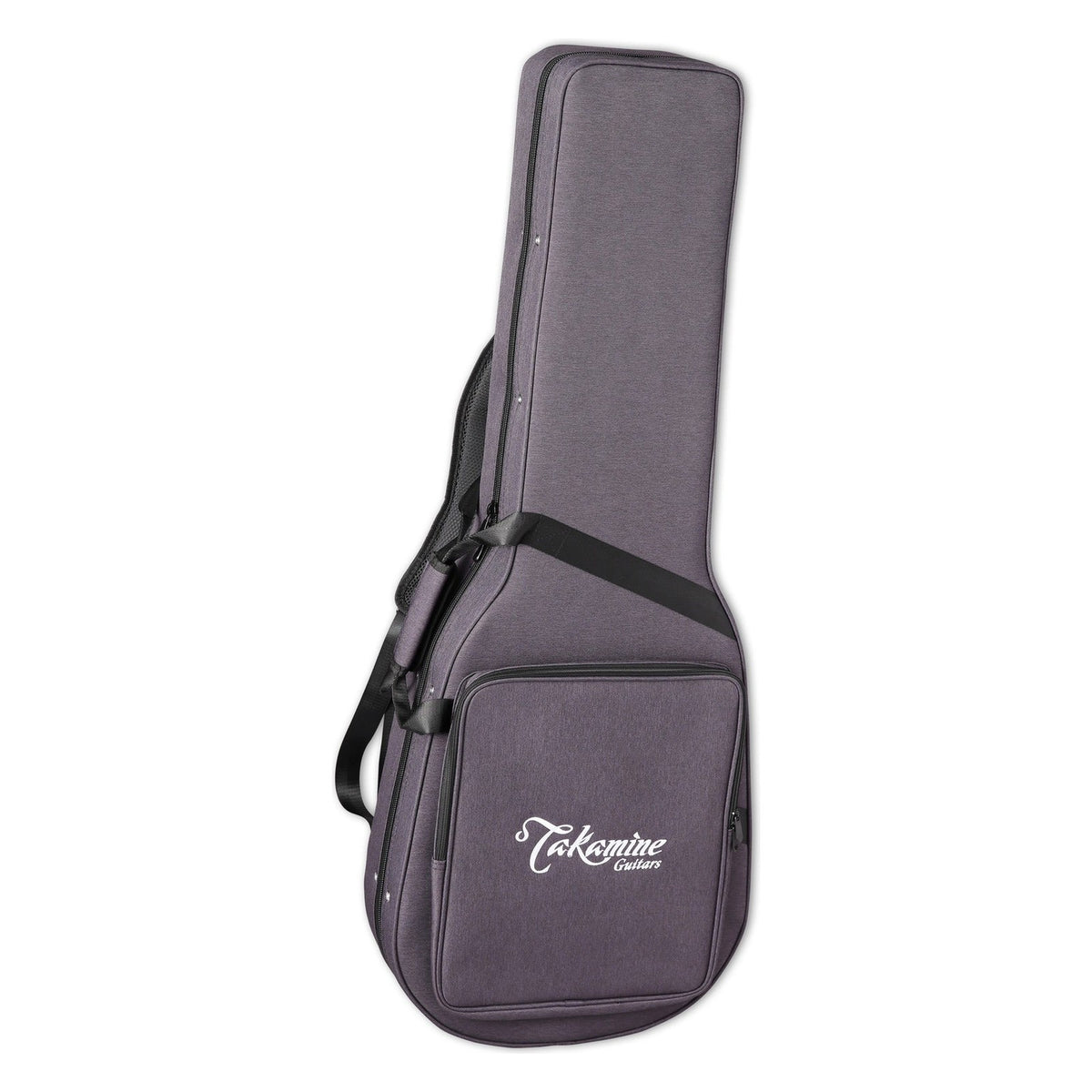 Gray Takamine guitar case with black straps and the Takamine logo, standing upright.