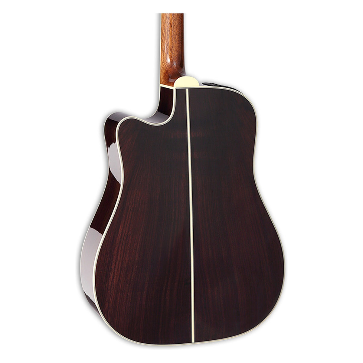 Back of the Takamine EF360SC TT body showing the solid Indian rosewood back and the heel of the mahogany neck.
