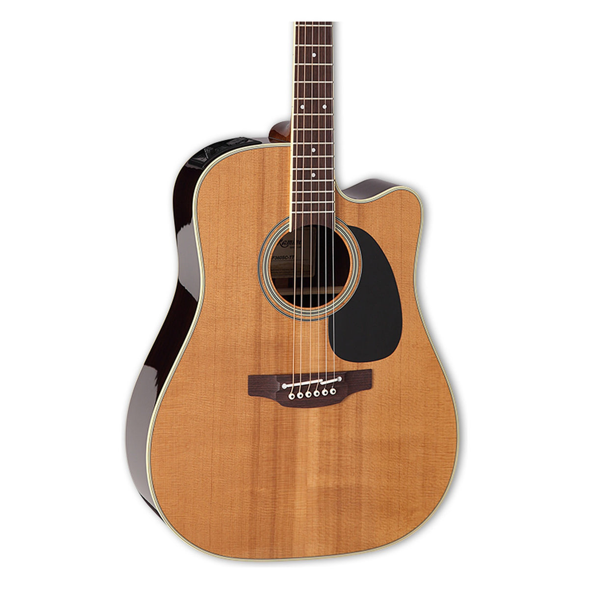 Front of the Takamine EF360SC TT body in a natural gloss finish: solid thermal spruce top, cutaway, soundhole rosette and the lower fretboard.