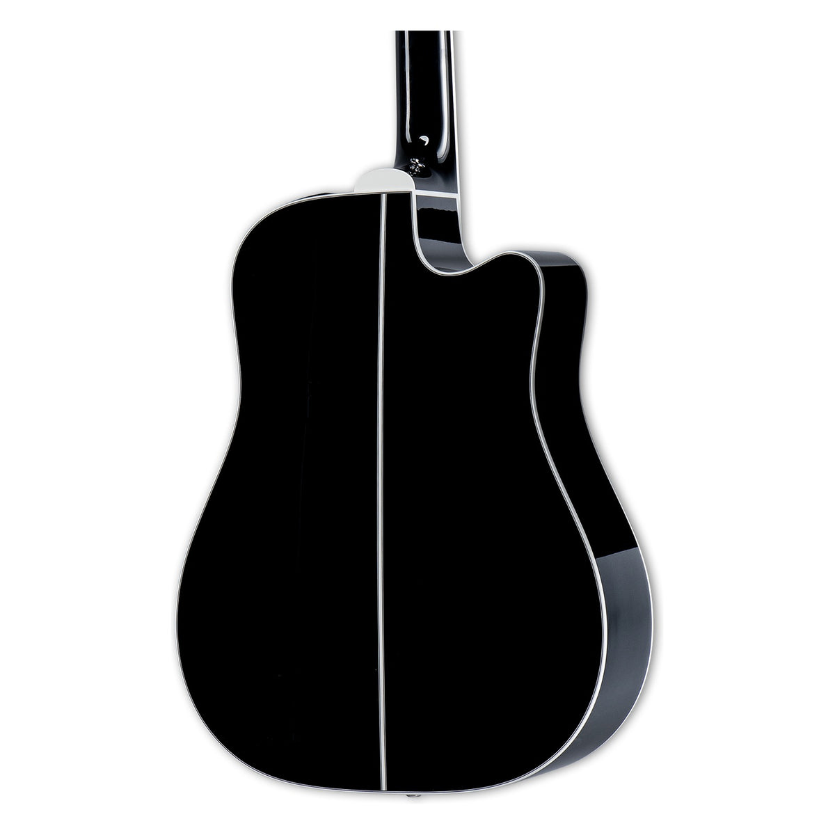 Back of the Takamine EF381DX LH body showing the maple back and the heel of the mahogany neck.