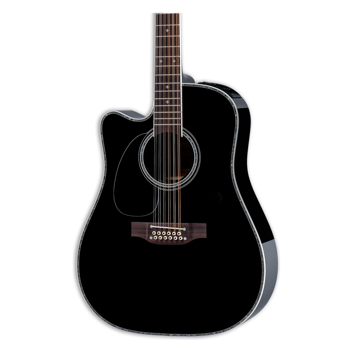 Front of the left-handed Takamine EF381DX LH body in a gloss black finish: solid spruce top, cutaway, soundhole rosette and the lower fretboard.