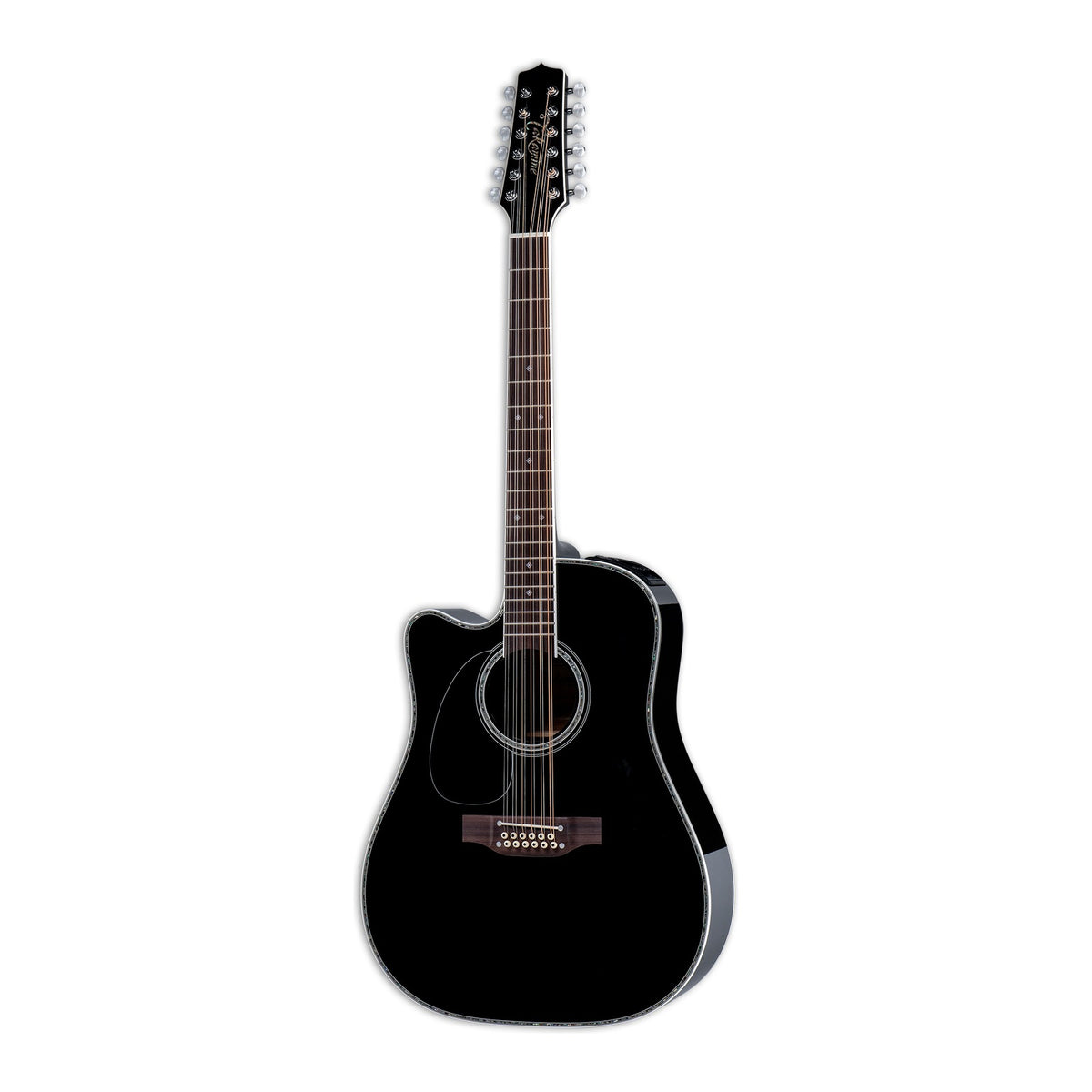 Full front view of the left-handed Takamine EF381DX LH dreadnought cutaway guitar standing upright with the headstock at the top.