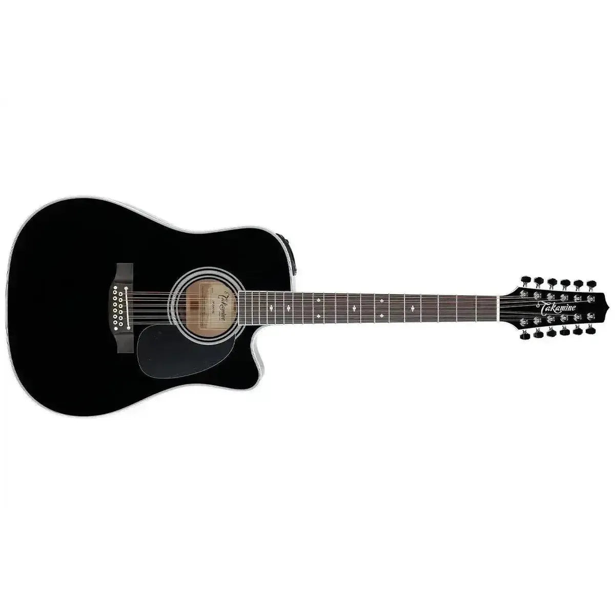 Takamine EF381SC 12-string dreadnought acoustic-electric guitar in glossy black with snowflake inlays.