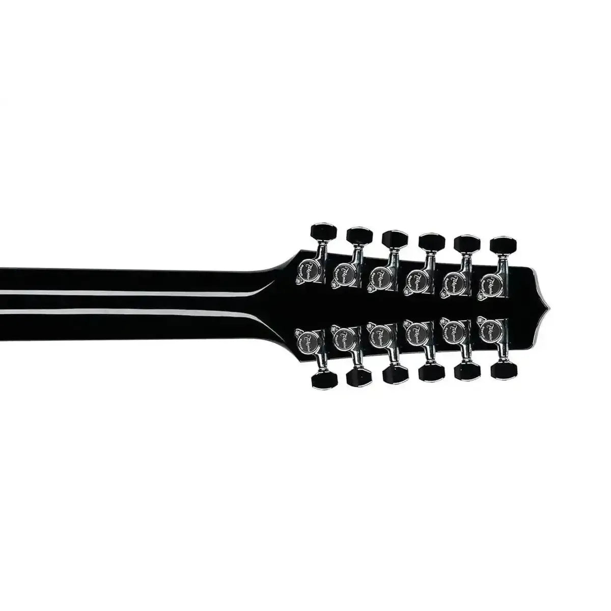 Takamine EF381SC 12-string acoustic-electric guitar headstock with chrome tuners on a glossy black finish.