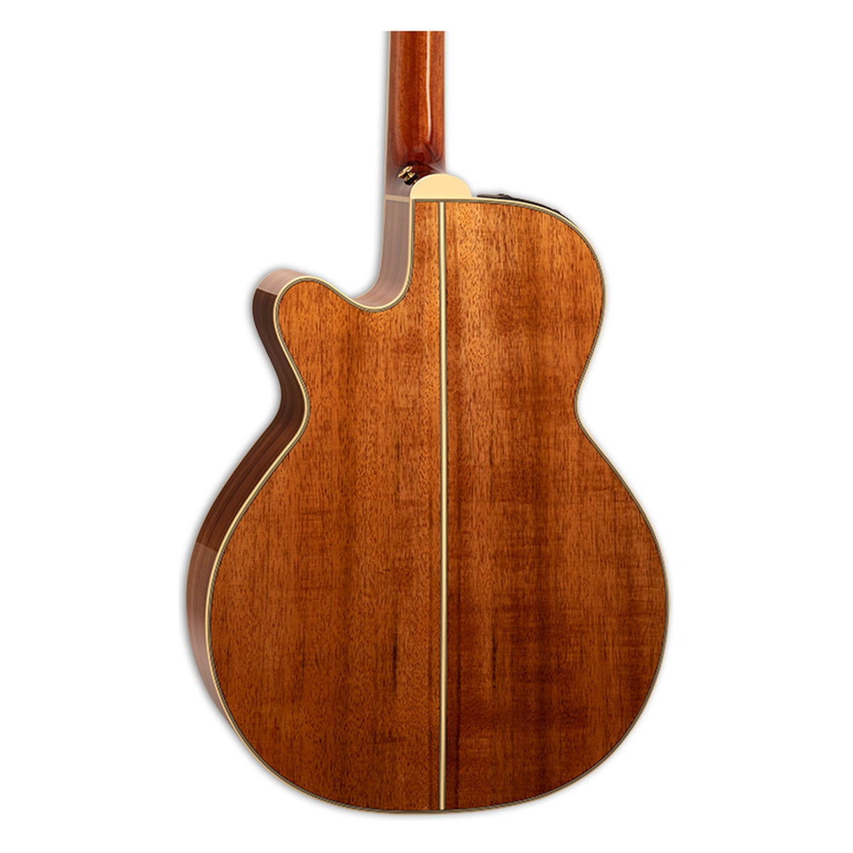 Back of the Takamine EF508KC body showing the Hawaiian koa back and the heel of the mahogany neck.