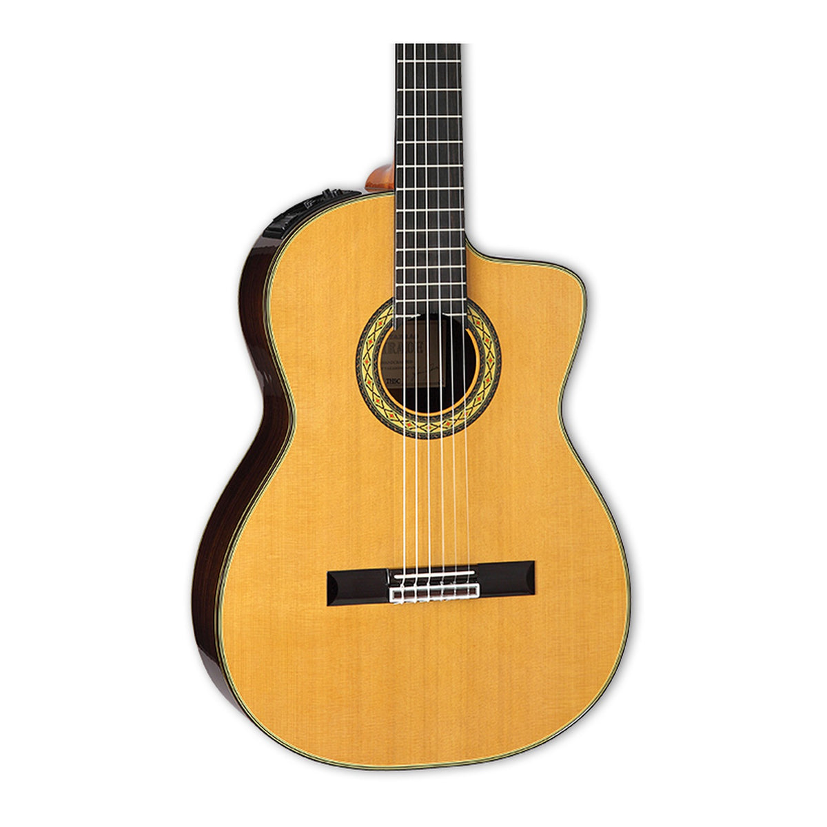 Front of the Takamine EH5C classical guitar body: solid cedar top, cutaway, mosaic rosette and ebony fingerboard.
