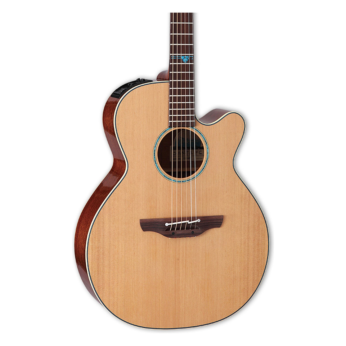Front of the Takamine FSF40C body in a gloss natural finish: solid cedar top, cutaway, soundhole rosette and the lower fretboard.