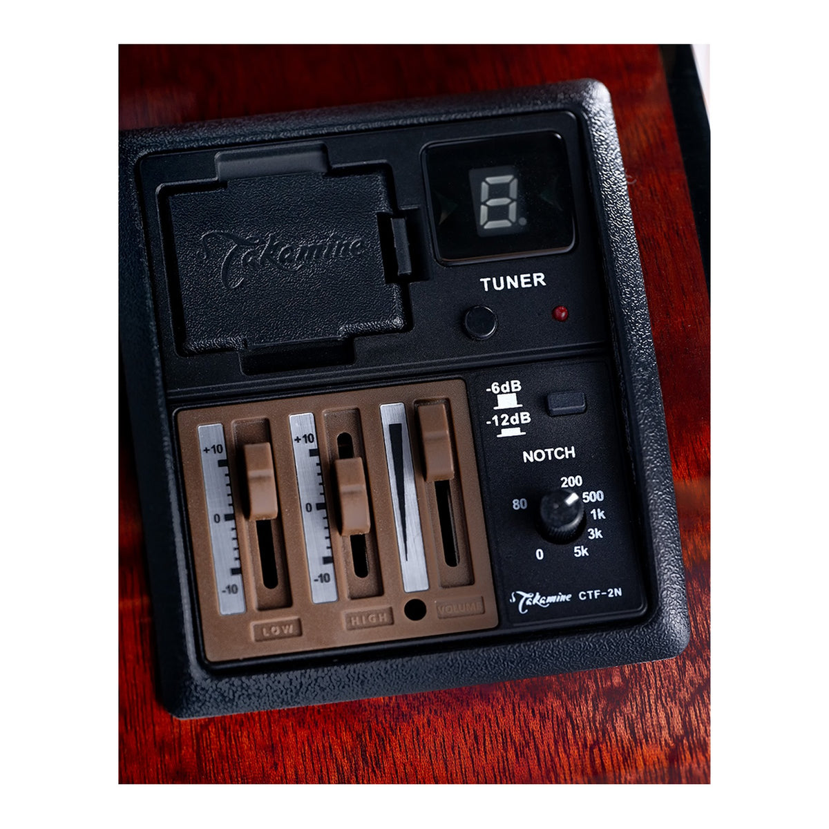 Takamine CTF-2N FET preamp panel with a digital tuner display, tone sliders and a notch control.