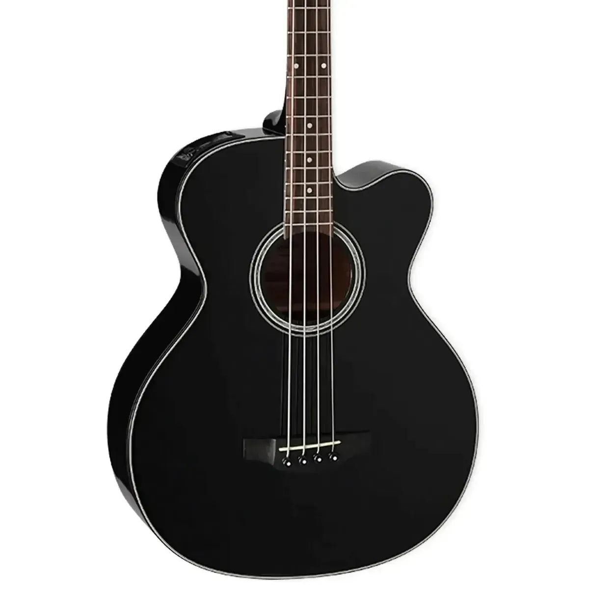 Takamine GB30CE-BLK acoustic-electric bass with gloss black finish, cutaway body, and abalone rosette.