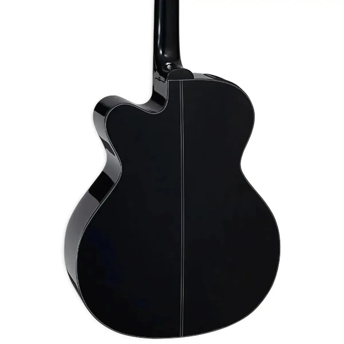 Back of a glossy black Takamine GB30CE-BLK acoustic-electric bass with a Venetian cutaway.
