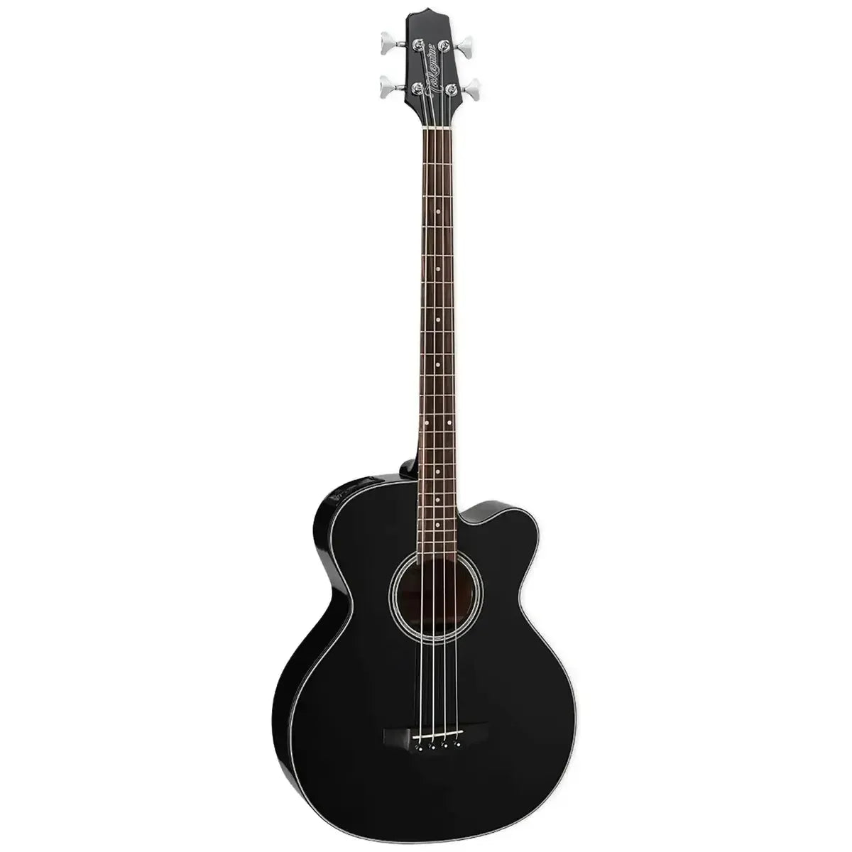 Takamine GB30CE-BLK acoustic-electric bass in gloss black with a cutaway body and abalone rosette.
