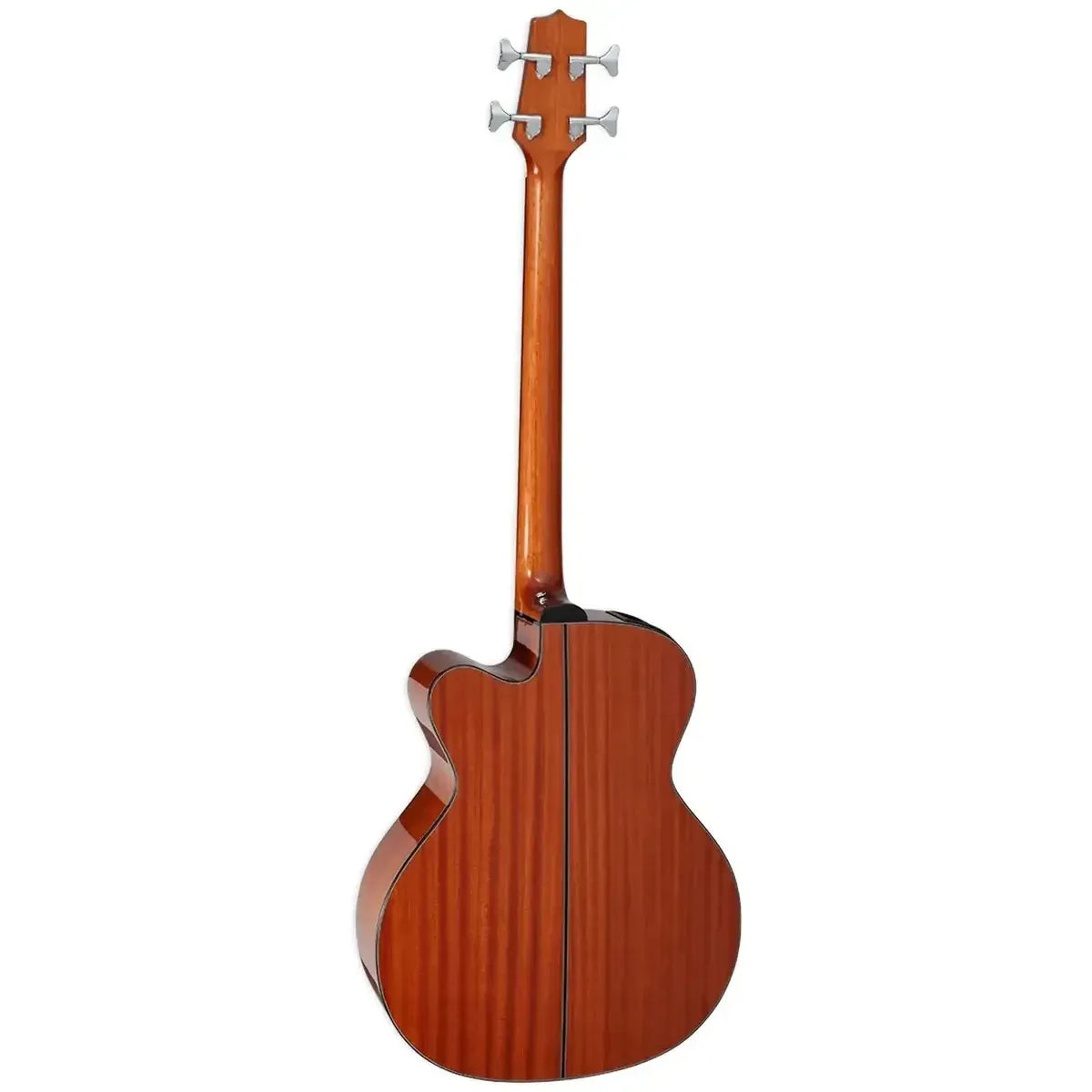 Back of a natural finish Takamine GB30CE acoustic-electric bass with mahogany back and neck.