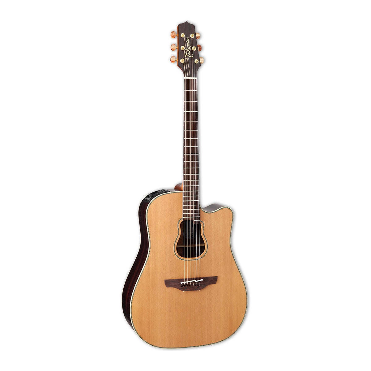 Full front view of the Takamine GB7C dreadnought cutaway guitar standing upright with the headstock at the top.