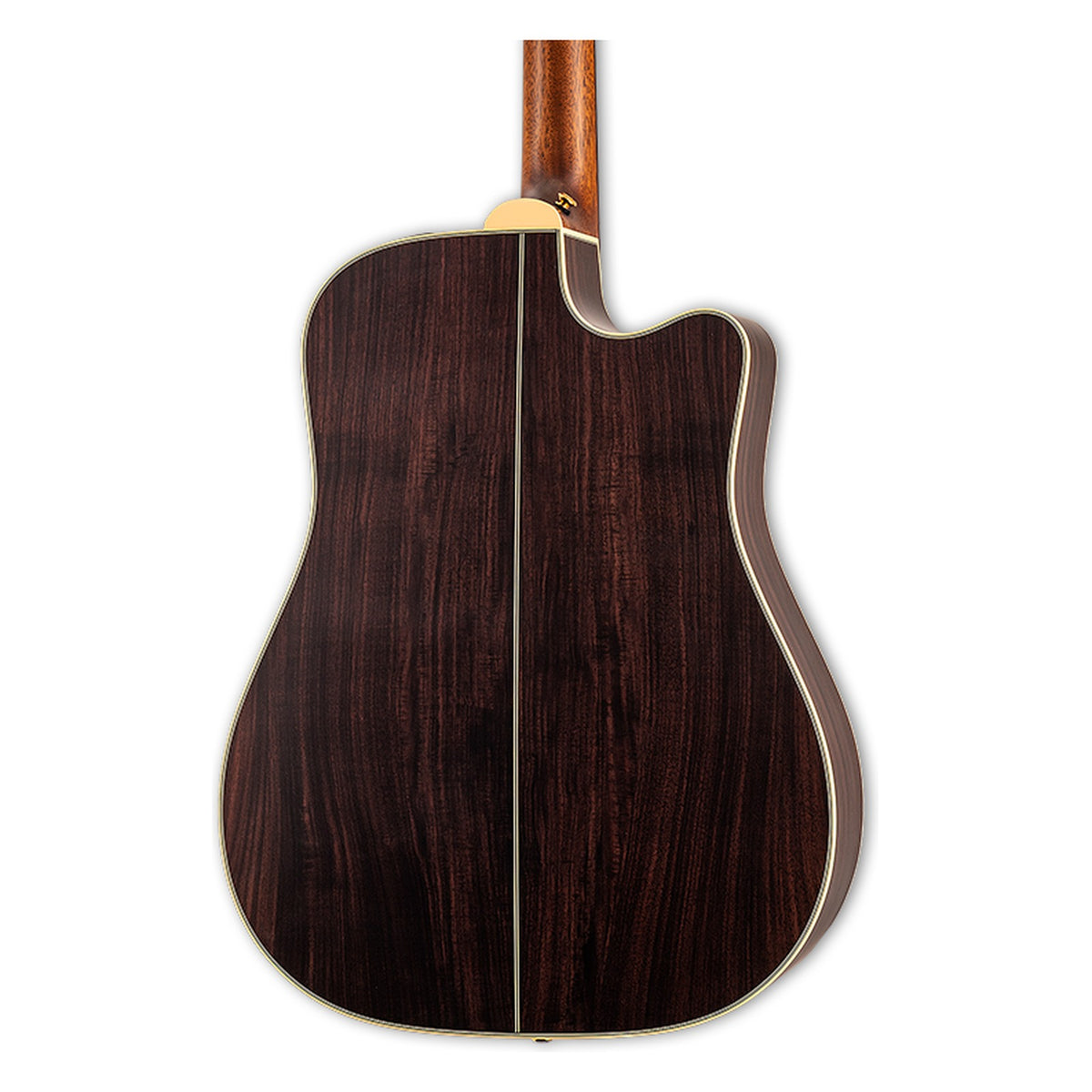 Back of the Takamine GB7C LH body showing the solid rosewood back and the heel of the mahogany neck.