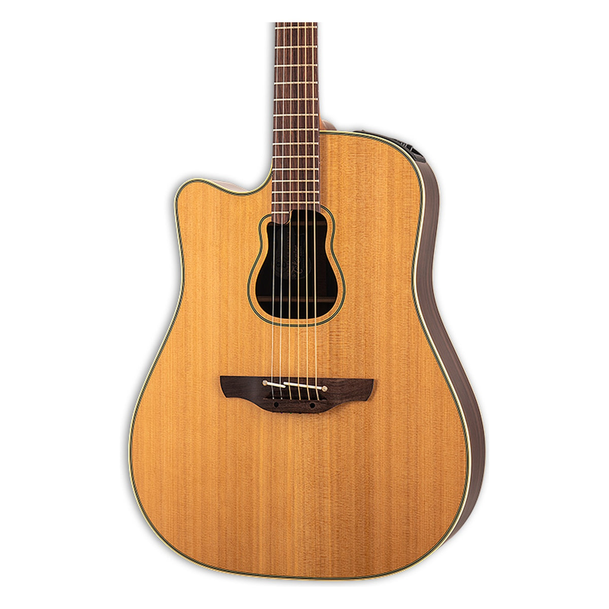Front of the left-handed Takamine GB7C LH body in a natural satin finish: solid cedar top, cutaway, soundhole rosette and the lower fretboard.