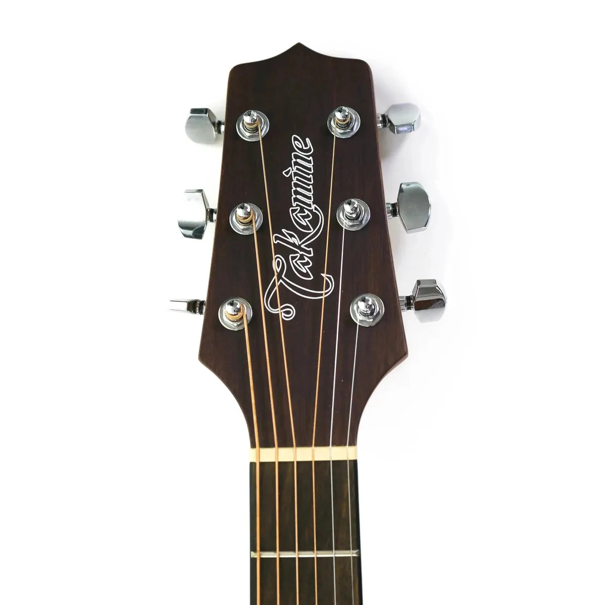 Takamine GD11M NS acoustic guitar headstock with dark wood, chrome tuners, and white script logo.