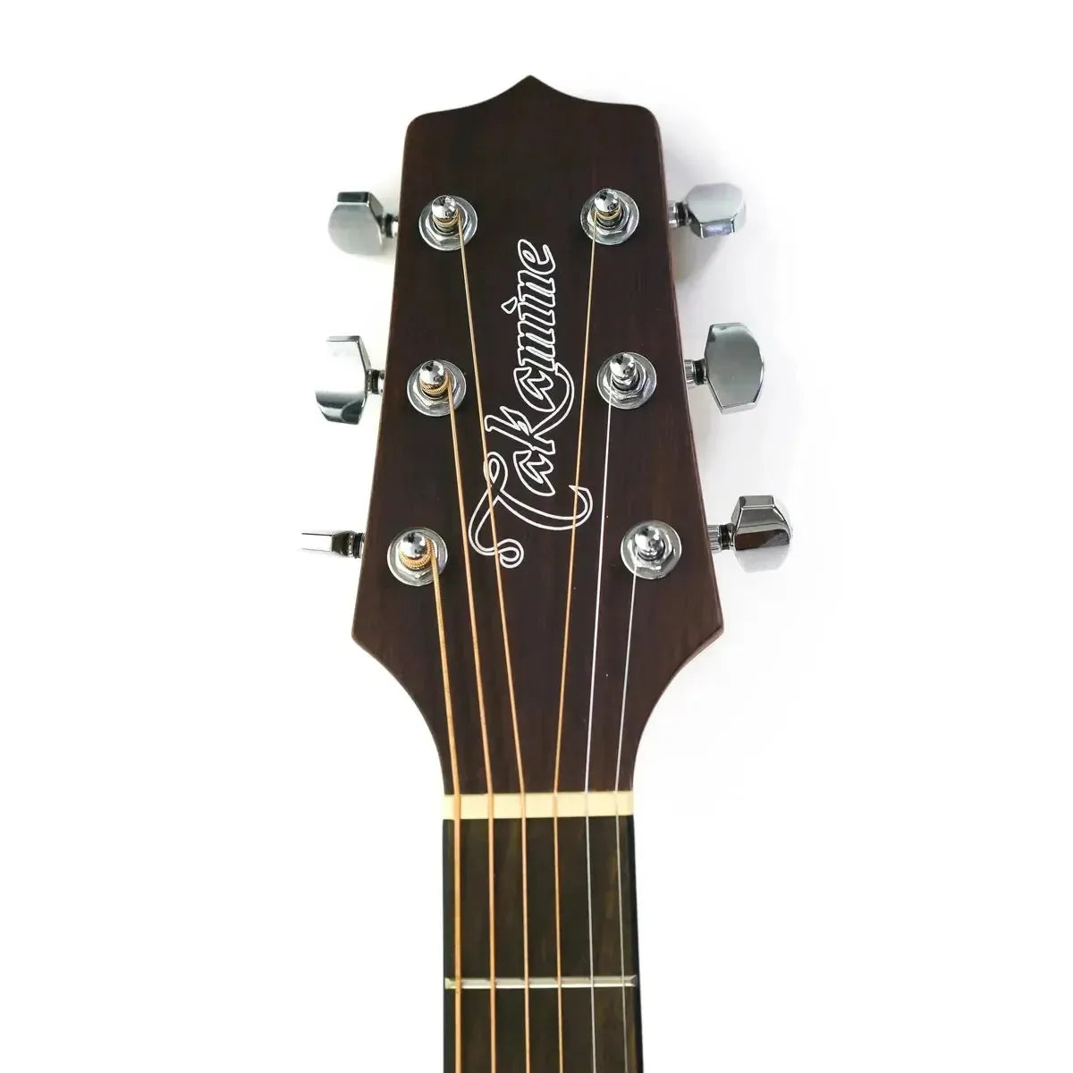 Takamine GD11M NS acoustic guitar headstock with dark wood, chrome tuners, and white script logo.