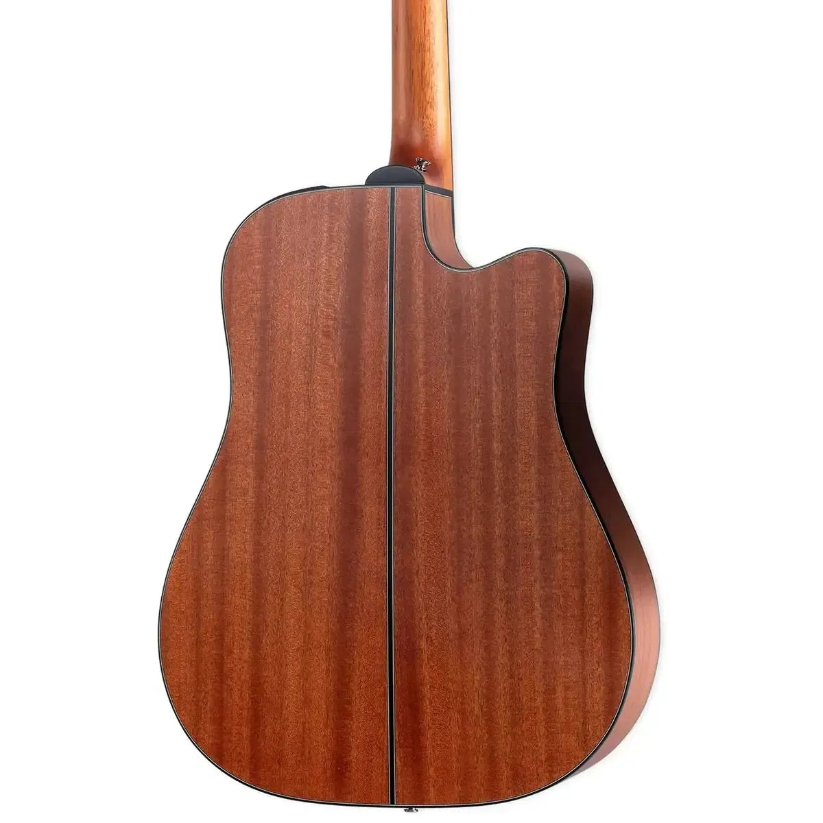 Back of a Takamine GD11MCE-LH NS left-handed acoustic-electric guitar with sapele wood grain.