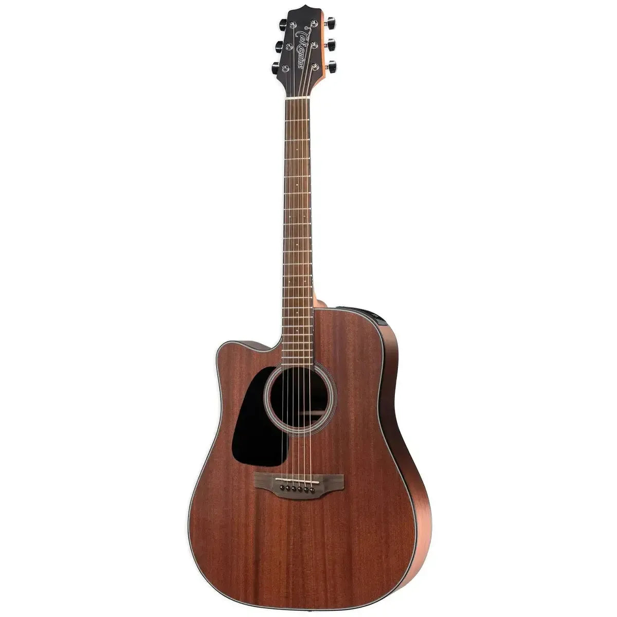 Left-handed Takamine GD11MCE-LH NS acoustic-electric guitar with sapele body and black pickguard.