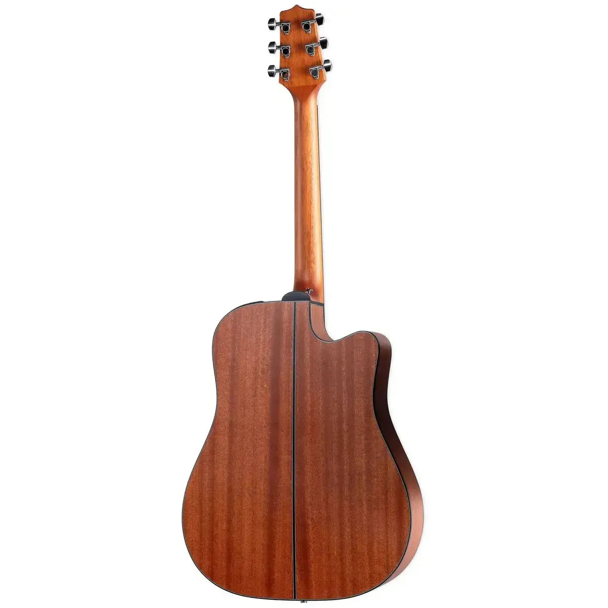 Back of a left-handed Takamine GD11MCE-LH NS acoustic-electric guitar with sapele wood body and mahogany neck.