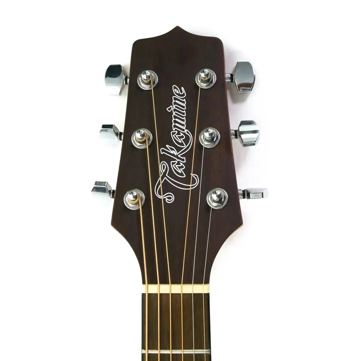 Takamine GD11MCE-LH NS acoustic electric guitar headstock with silver tuners and white logo.