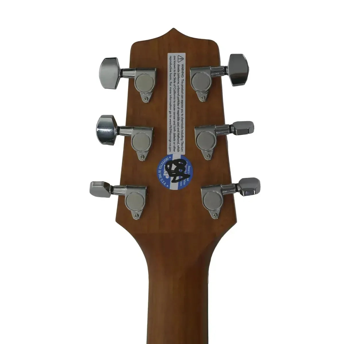 Back of a Takamine GD11MCE-LH NS left-handed acoustic electric guitar headstock with chrome tuners.
