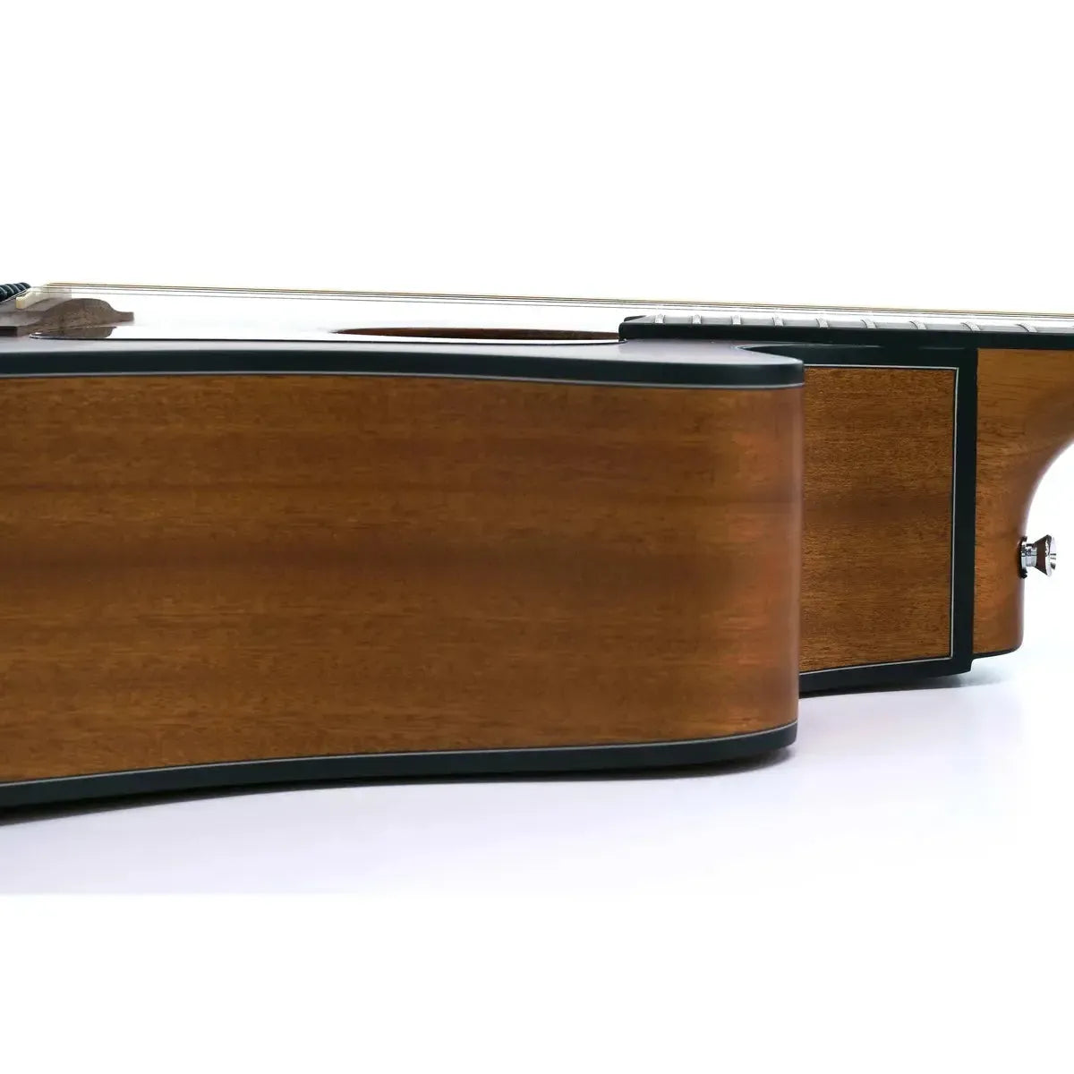 Takamine GD11MCE NS acoustic-electric guitar body, showing its natural sapele wood grain and black binding.