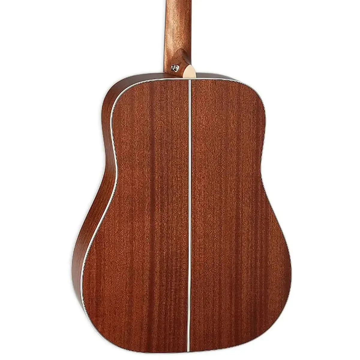 Takamine GD20 NS Dreadnought acoustic guitar back, natural satin okoume wood with white binding.