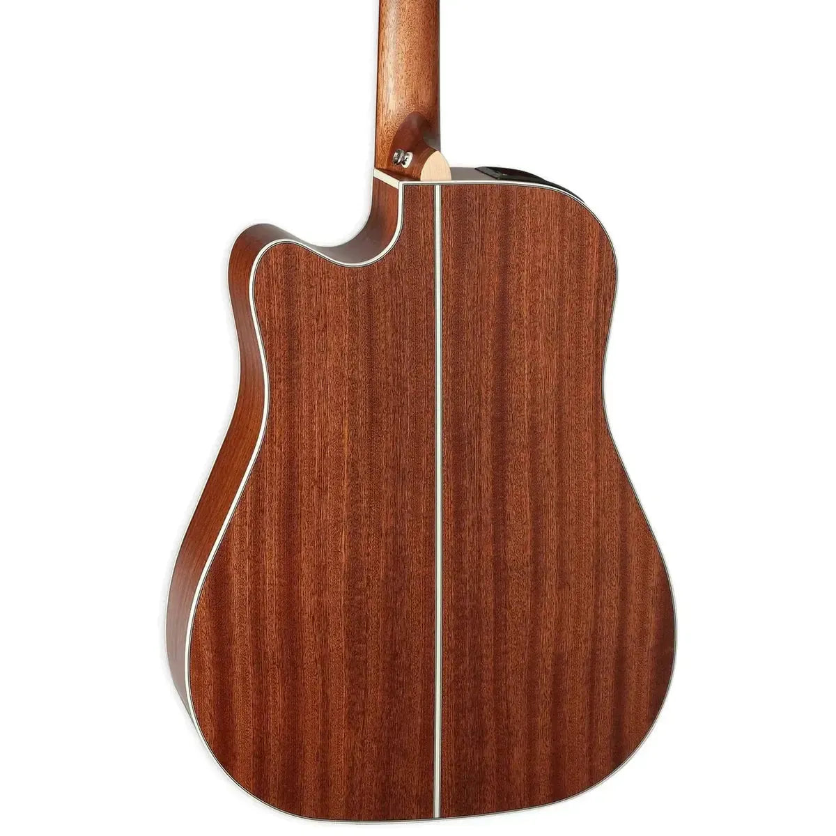 Back of a natural satin Takamine GD20CE Dreadnought cutaway acoustic-electric guitar with wood grain.